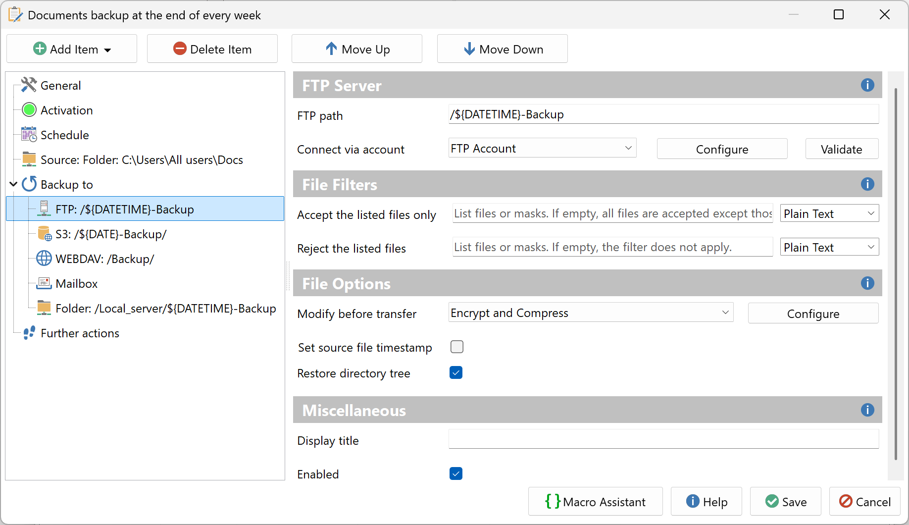 AnyFileBackup interface showing a task configured with multiple backup targets