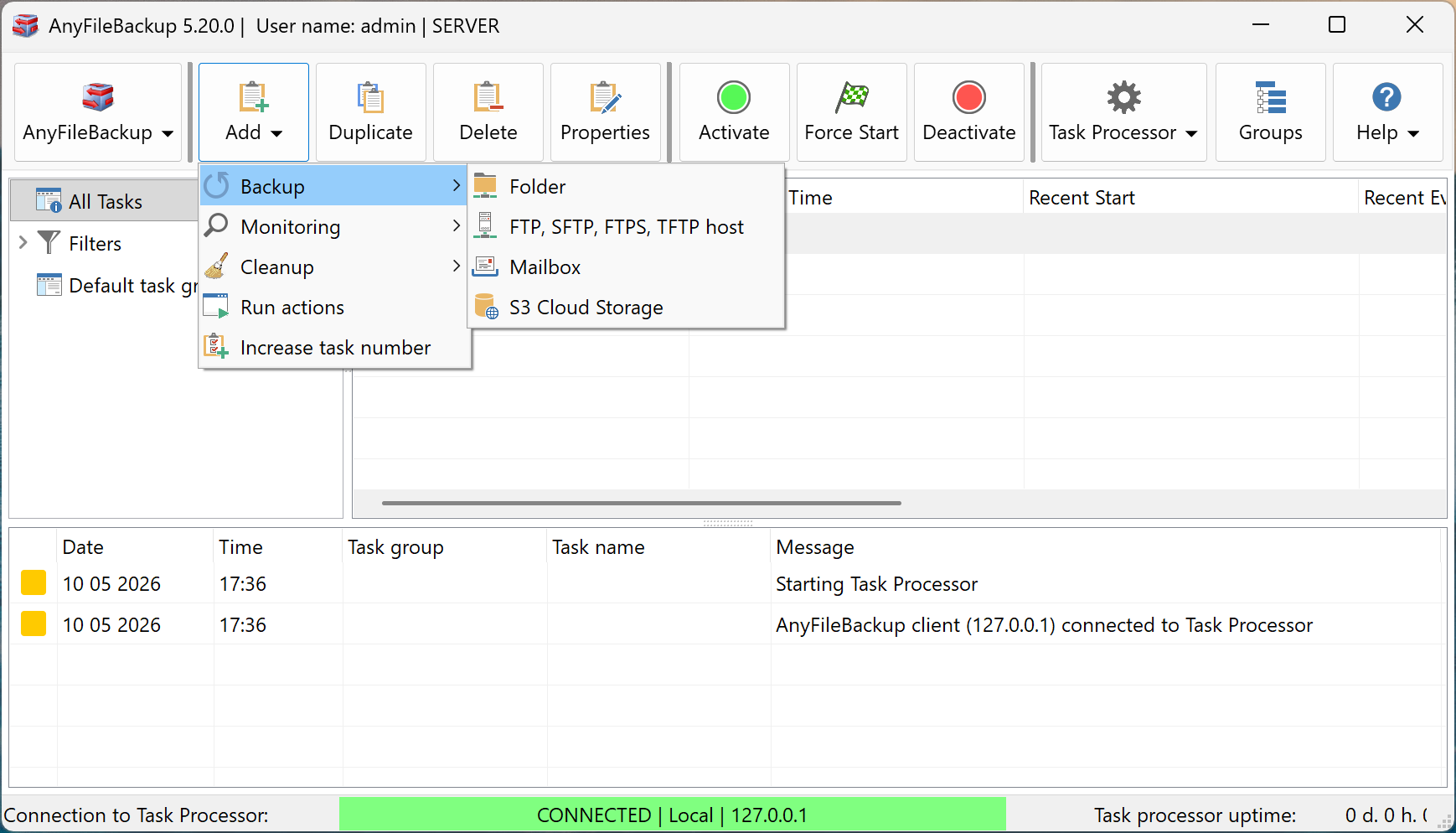 AnyFileBackup Add menu showing the four task types: Backup, Monitoring, Cleanup, and Run Actions, with backup source options expanded