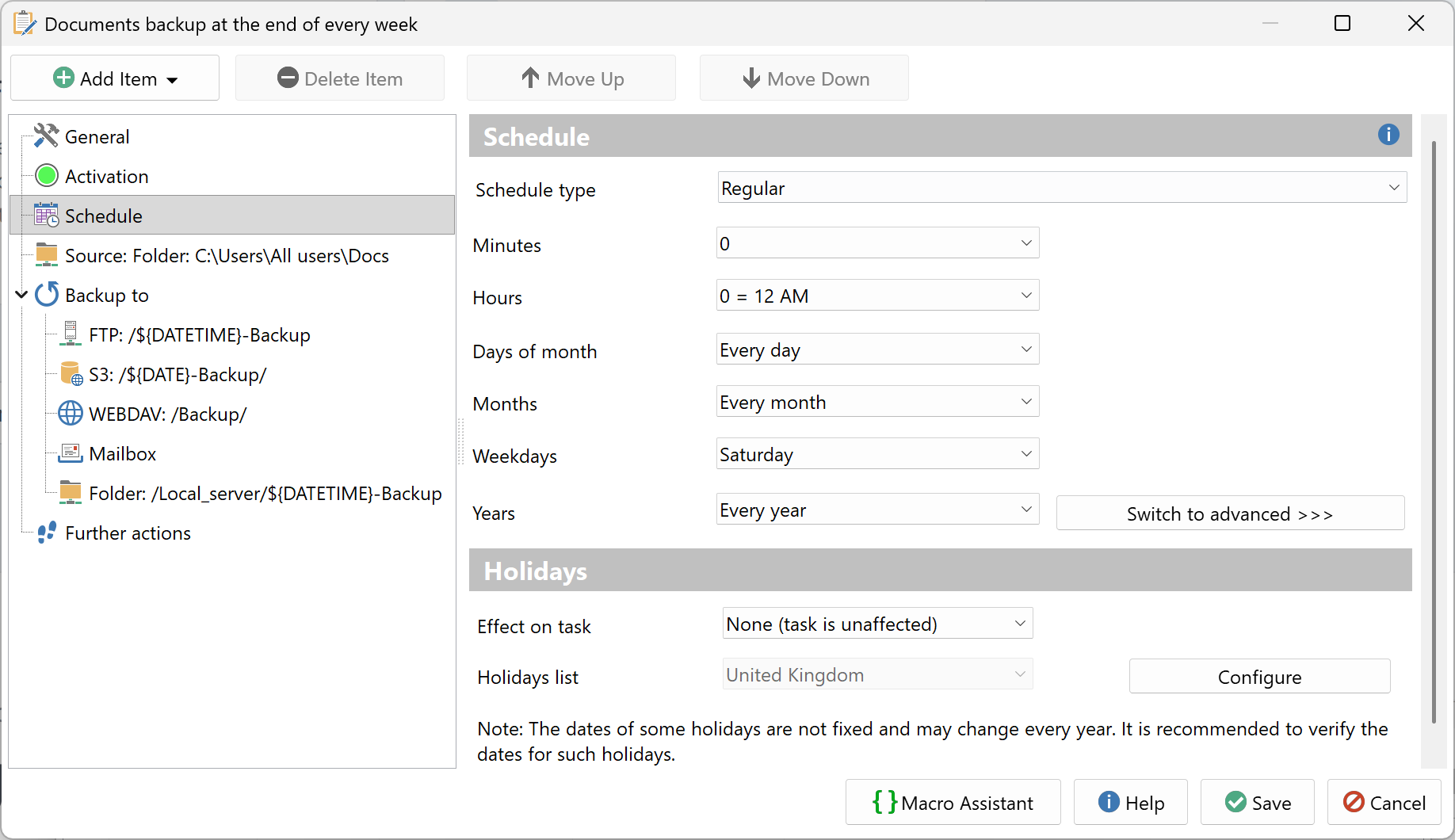 AnyFileBackup regular schedule configuration panel showing period, start time and weekday selectors